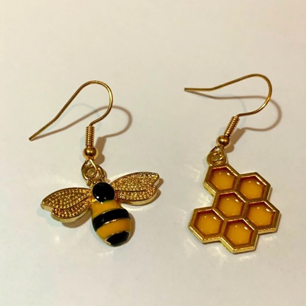 Bee Honeycomb Dangle Earrings | Gold Tone Yellow Drop Statement Jewelry